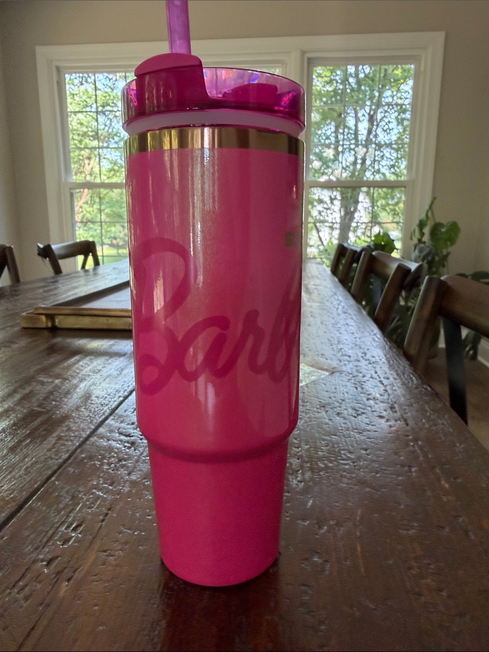 Stanley Barbie Collaboration Bright Pink Travel Tumbler with Handle and Straw - Picture 6 of 6